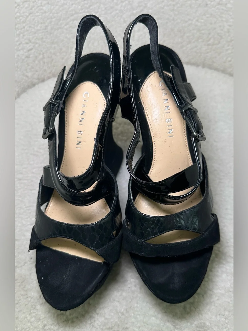 Gianni Bini Y2K Sculptural Curve Wedge Platform Black Strappy Club Bratz Sexy 6